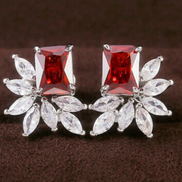 New Sterling silver diamond red stone earrings - Picture 2 of 4